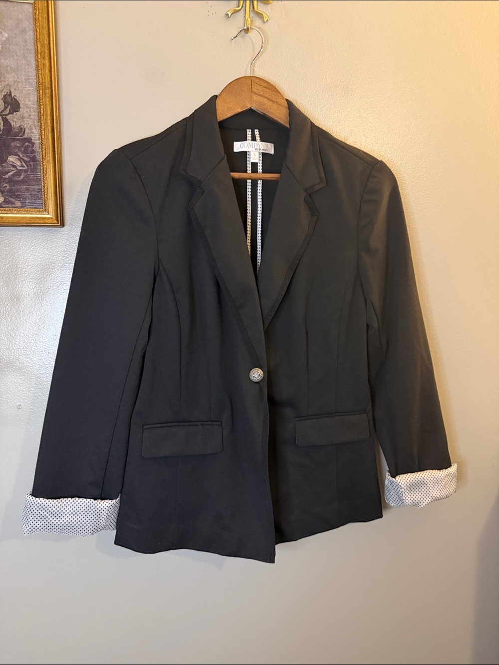 Company Ellen Tracy Black Blazer Small Polka Dot Cuff Crest Button Stretch - Picture 4 of 9